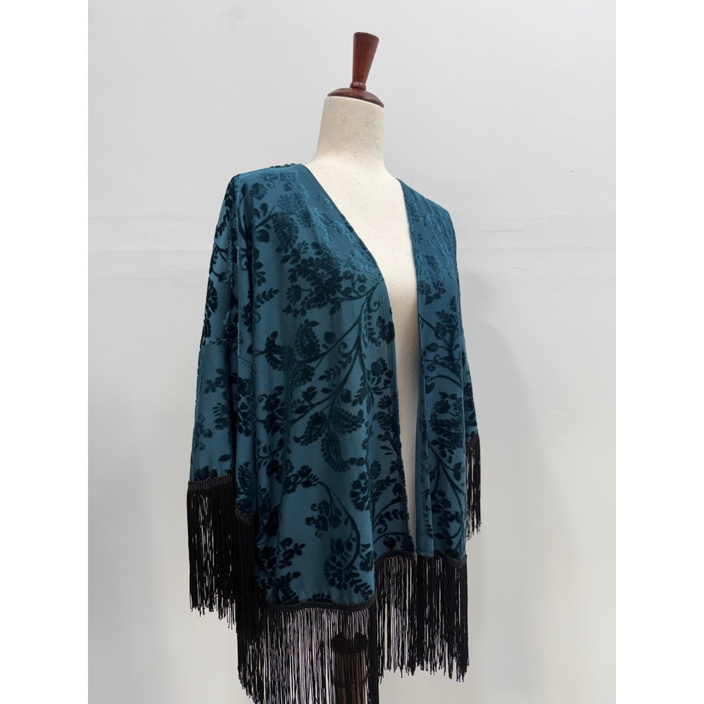 Kimono M Teal Burnout Velvet Floral Fringe Wrap Hippie Goth Oversized